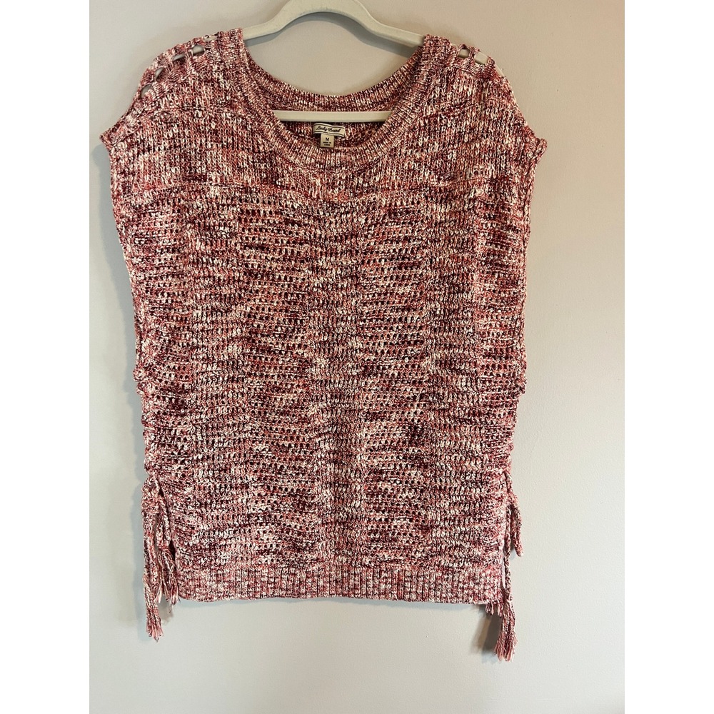 Lucky Brand Red White Marled Knit Sleeveless Sweater Vest Tassel Sides Medium